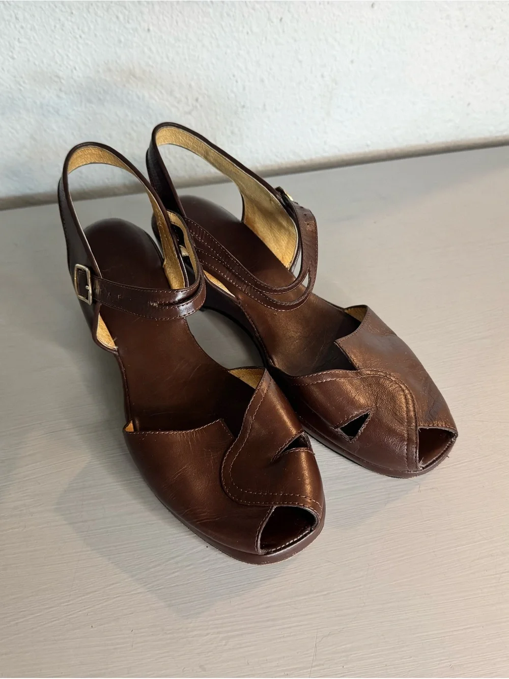 Vintage Re-Mix Women's Brown Leather Peep-Toe Slingback Wedge
